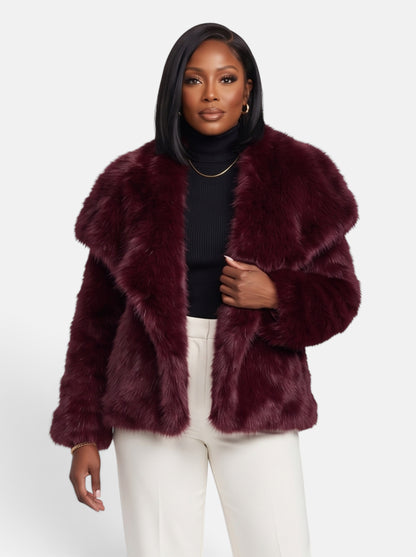 Women's Plush Cropped Faux Fur Party Coat in Burgundy - Front