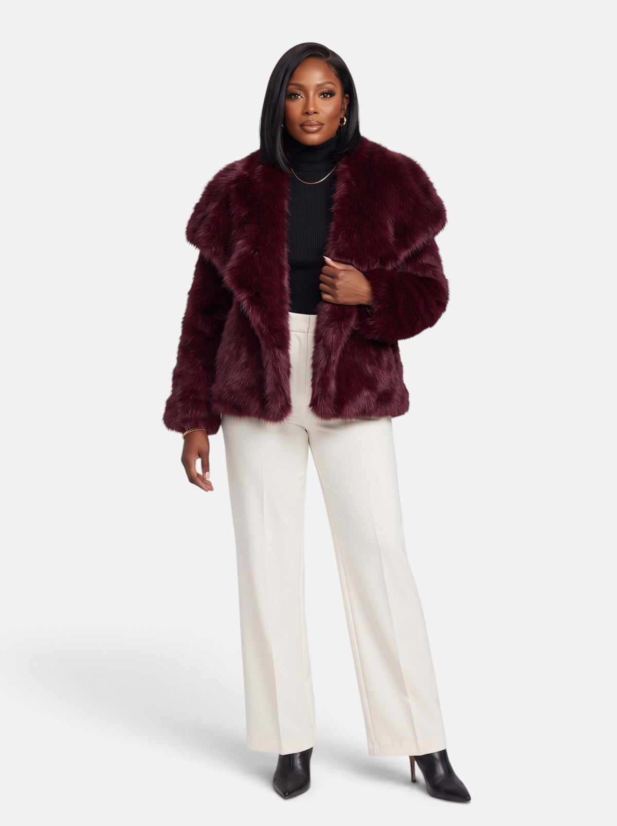 Women's Plush Cropped Faux Fur Party Coat in Burgundy - Full