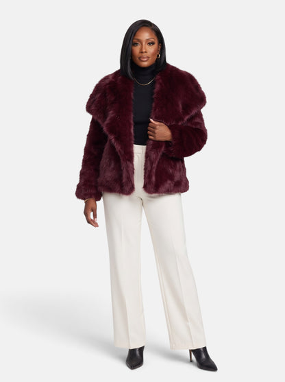 Women's Plush Cropped Faux Fur Party Coat in Burgundy - Full