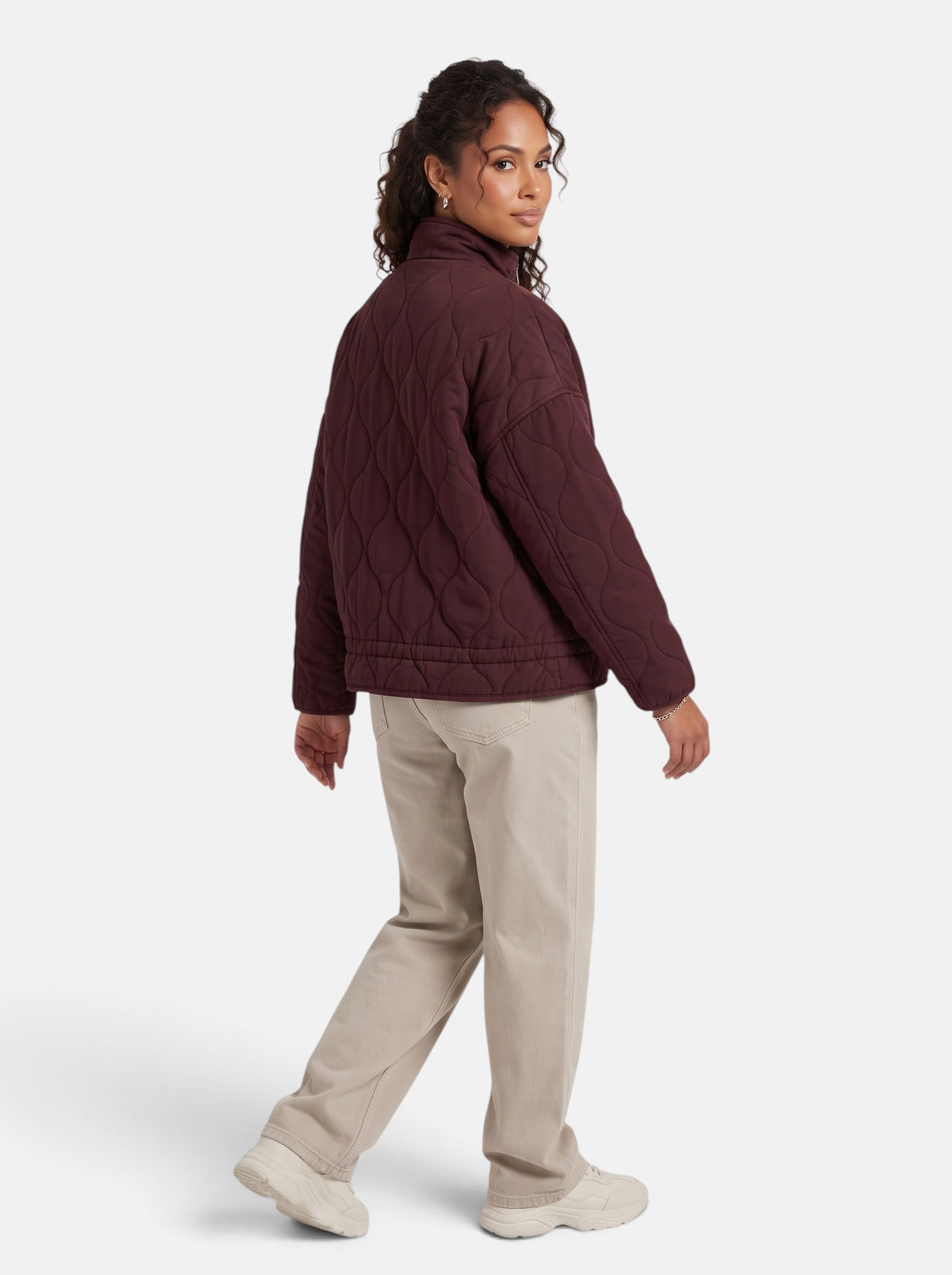 Women's Diamond-Quilted Padded Coat in Burgundy - Back View