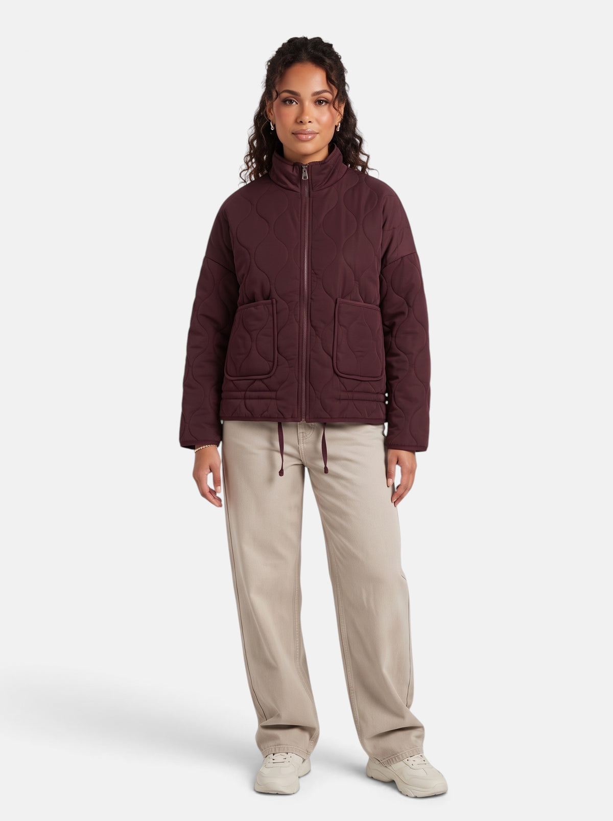 Women's Diamond-Quilted Padded Coat in Burgundy - Full Length View