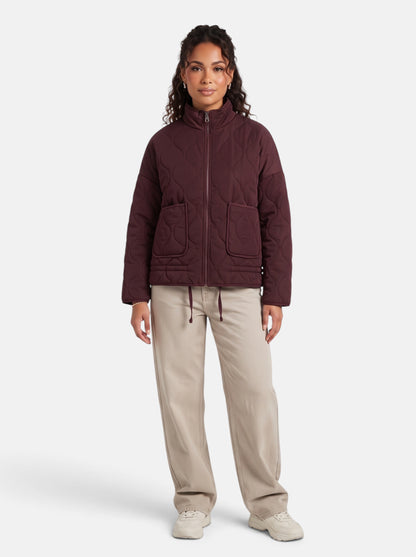 Women's Diamond-Quilted Padded Coat in Burgundy - Full Length View