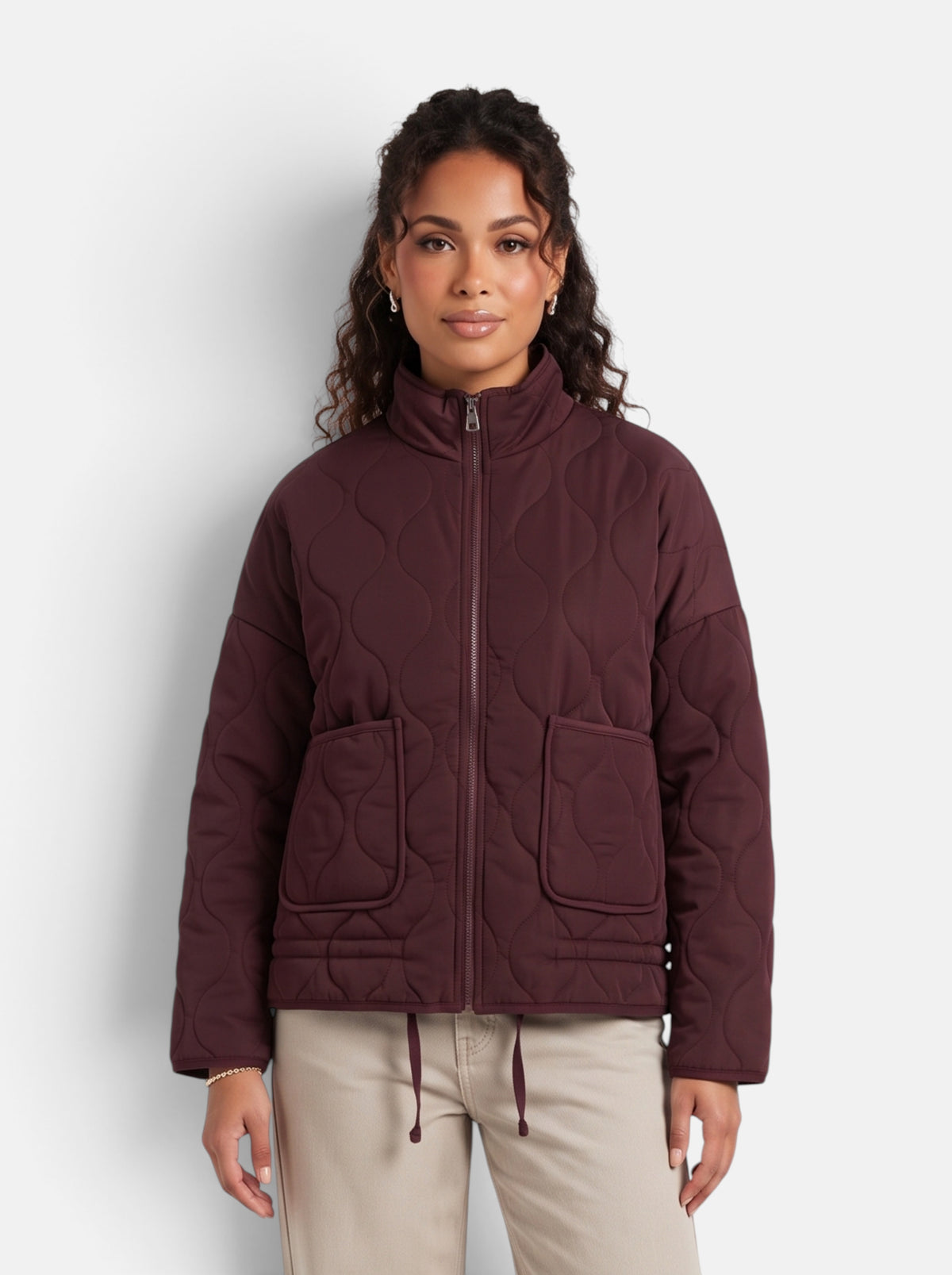 Women's Diamond-Quilted Padded Coat in Burgundy - Front View