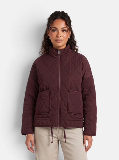 Women's Diamond-Quilted Padded Coat in Burgundy - Front View
