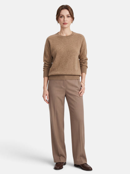Women's Classic O-Neck Knit Pullover Sweater in Camel - Full Length View