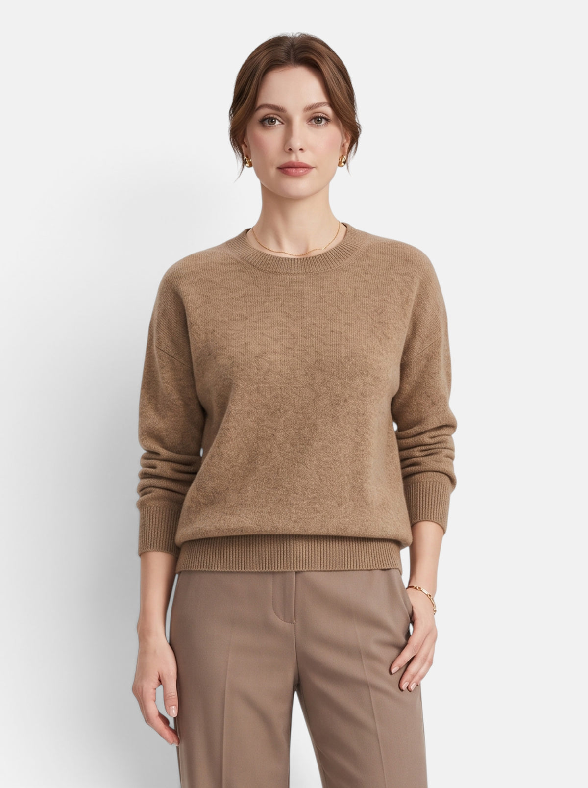 Women's Classic O-Neck Knit Pullover Sweater in Camel - Front View