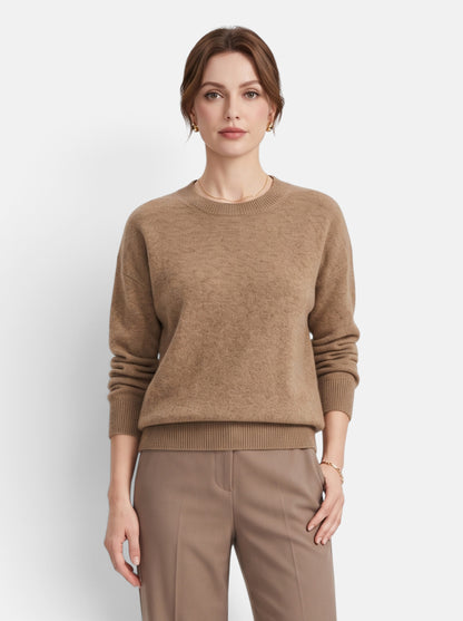 Women's Classic O-Neck Knit Pullover Sweater in Camel - Front View