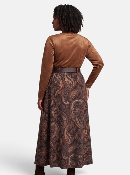 Women's Vintage Print Slim Fit Top and Flared Maxi Skirt Set in Caramel - Back