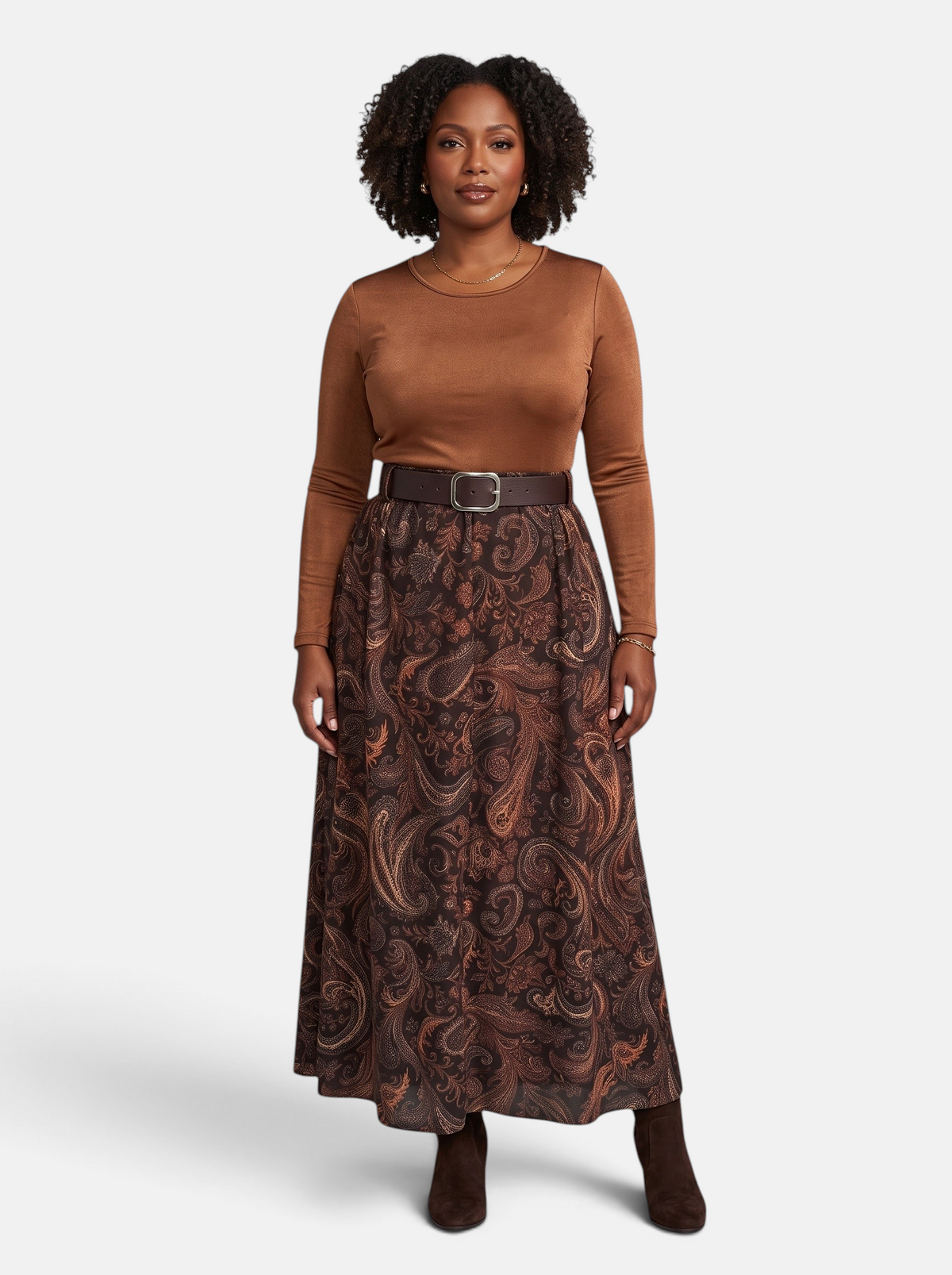 Women's Vintage Print Slim Fit Top and Flared Maxi Skirt Set in Caramel - Front