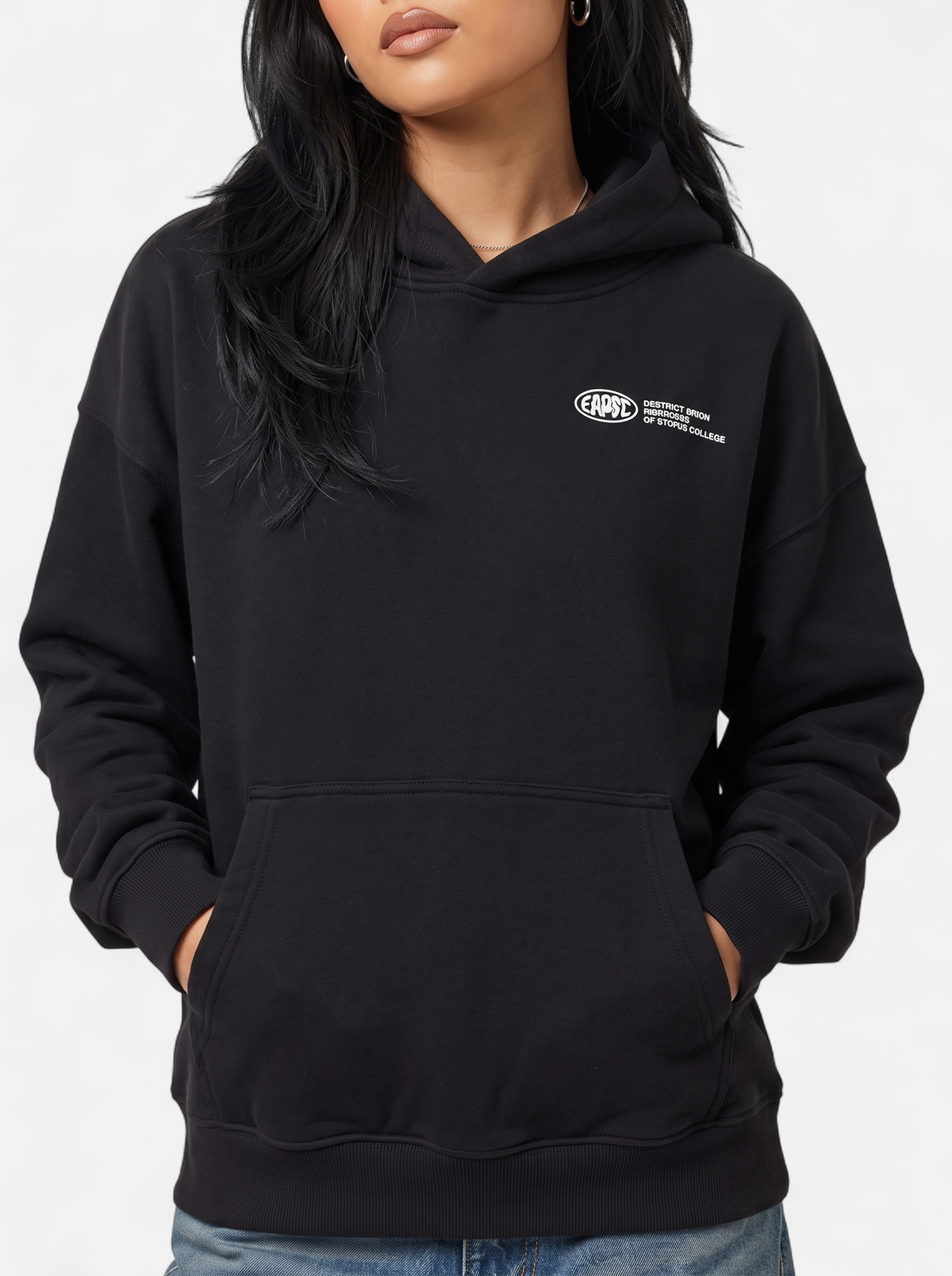 Womens Casual Oversized Graphic Hoodie - Black - Detail