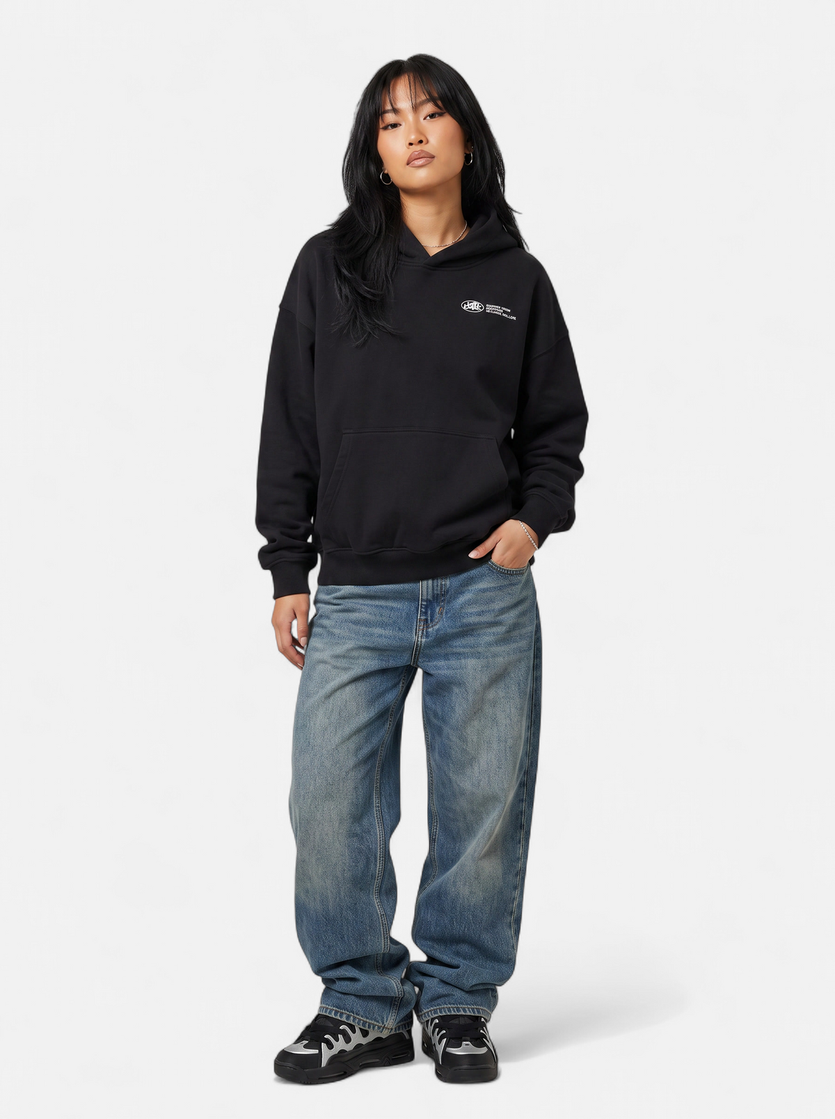 Womens Casual Oversized Graphic Hoodie - Black - Full Body