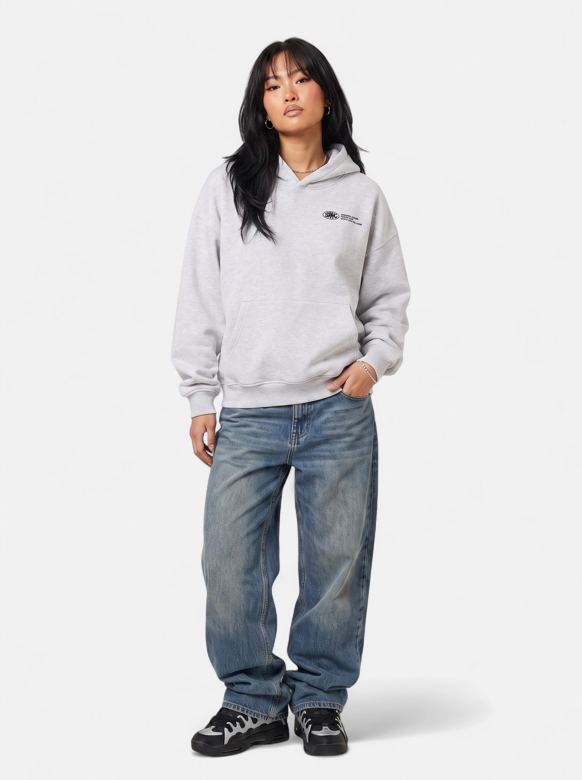 Womens Casual Oversized Graphic Hoodie - Gray - Full Body