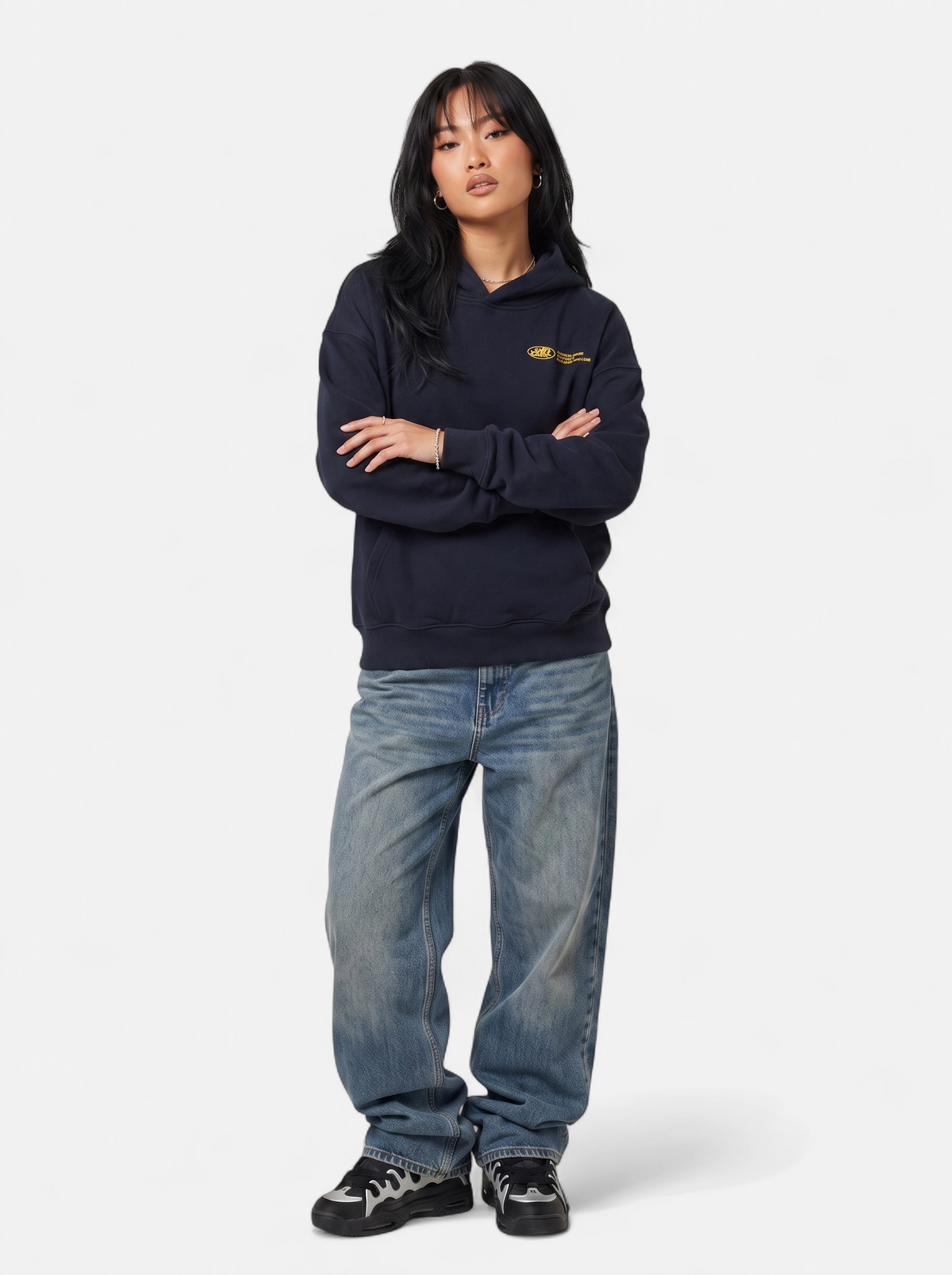 Womens Casual Oversized Graphic Hoodie - Navy - Full Body