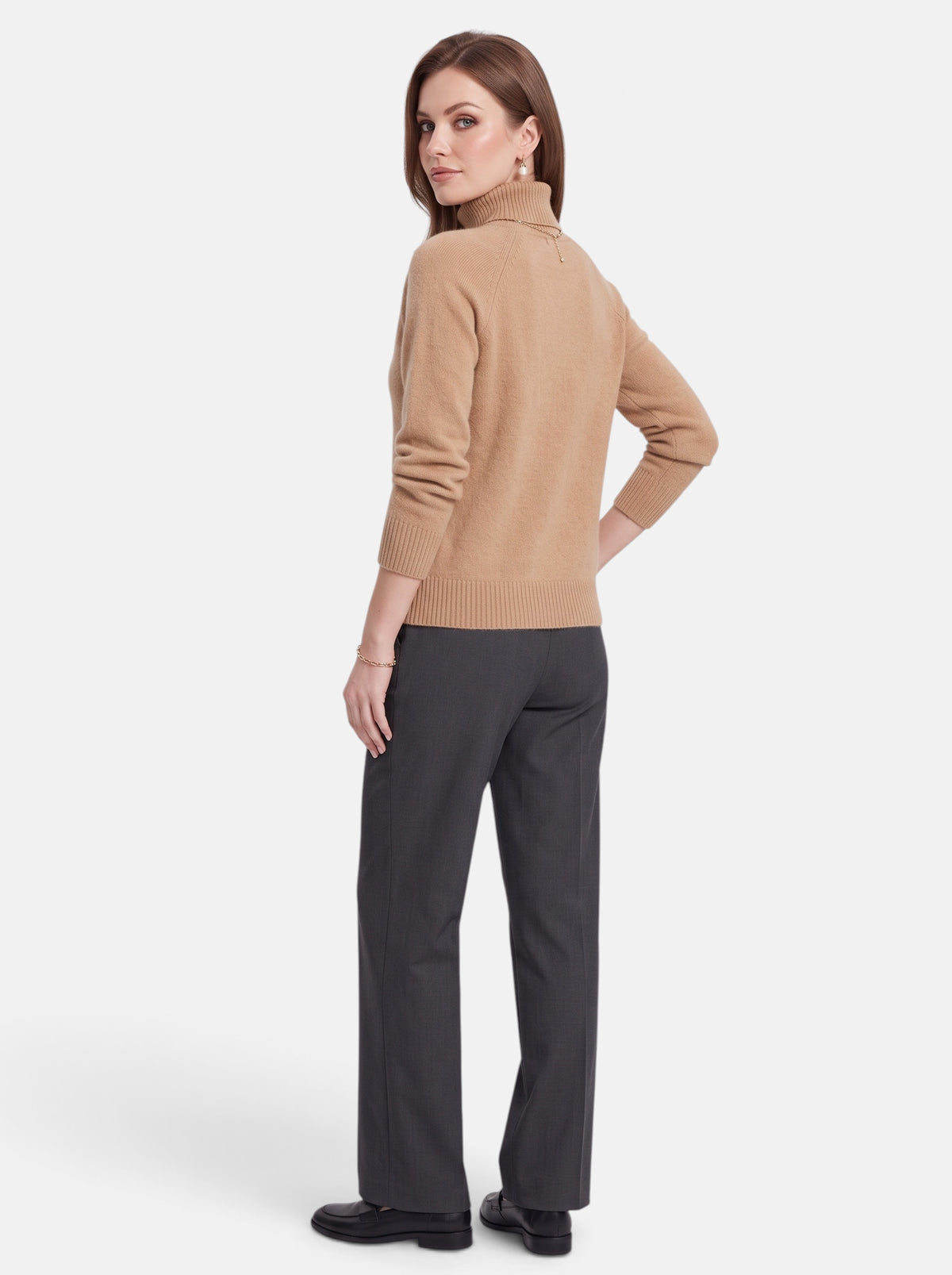 Women's Champagne Boxy Turtleneck Long Sleeve Knit Sweater - Back