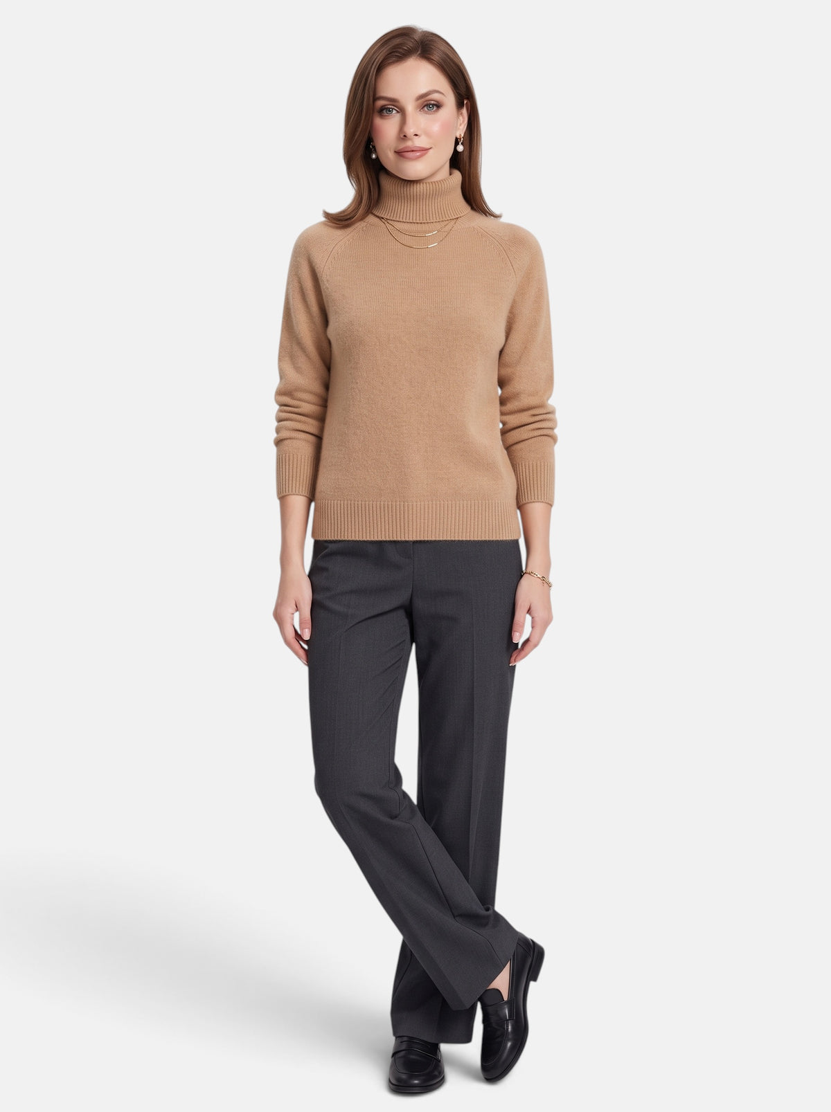 Women's Champagne Boxy Turtleneck Long Sleeve Knit Sweater - Full Body
