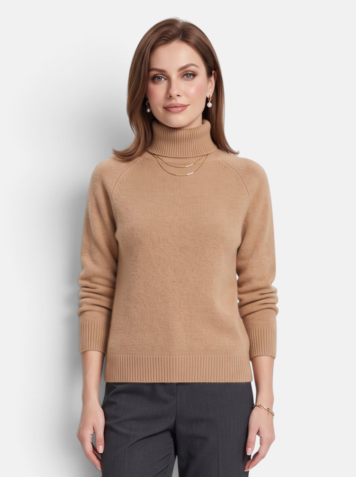 Women's Champagne Boxy Turtleneck Long Sleeve Knit Sweater - Front