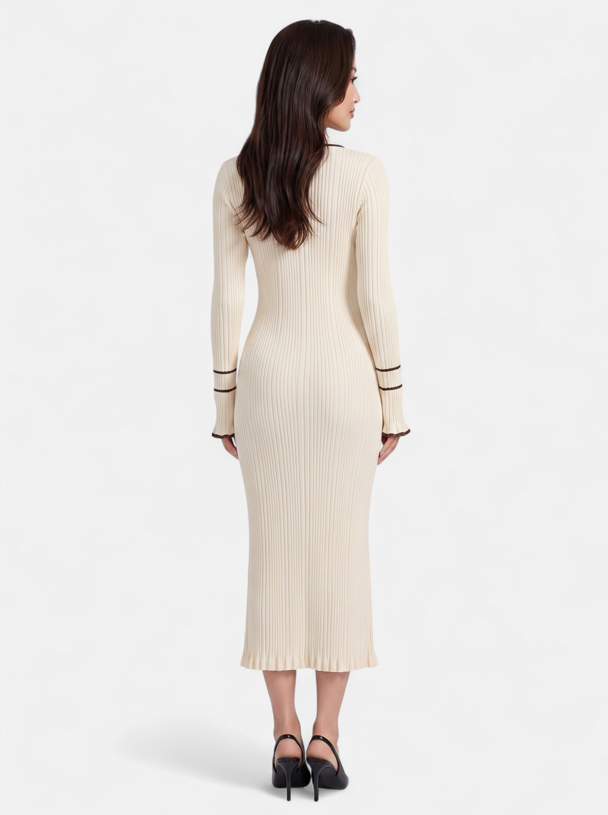 Womens Contrast Trim Lapel Knit Midi Dress - Apricot - Back