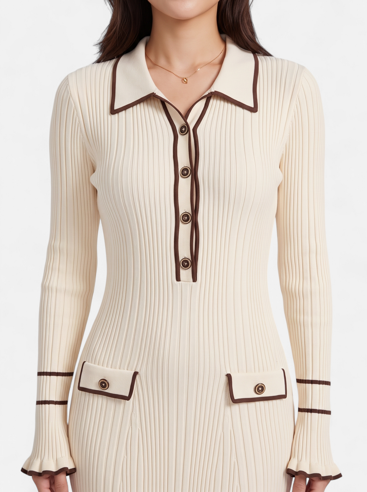 Womens Contrast Trim Lapel Knit Midi Dress - Apricot - Detail