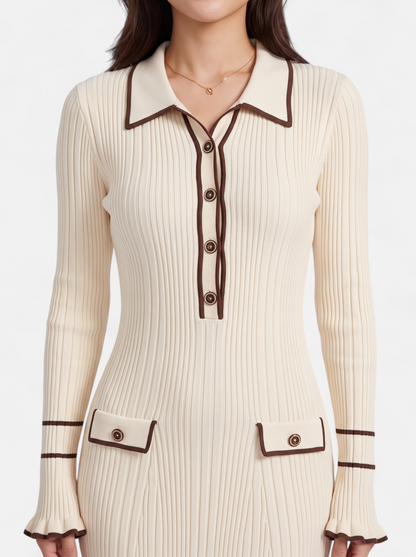 Womens Contrast Trim Lapel Knit Midi Dress - Apricot - Detail