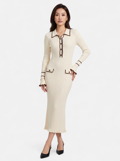 Womens Contrast Trim Lapel Knit Midi Dress - Apricot - Full Body