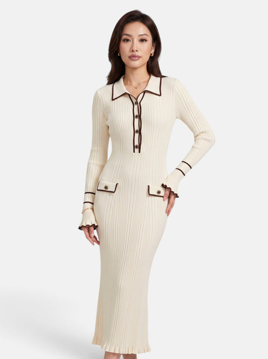 Womens Contrast Trim Lapel Knit Midi Dress - Apricot - Hero