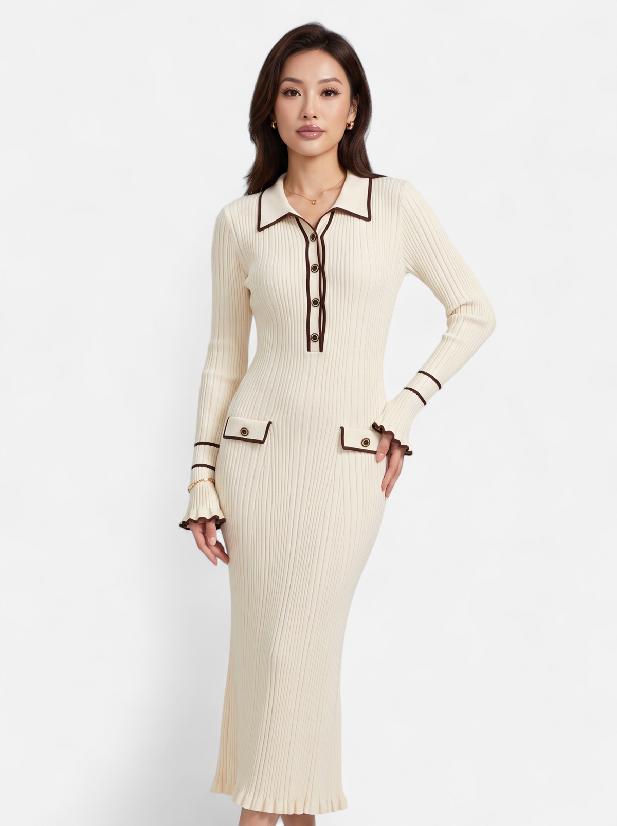 Womens Contrast Trim Lapel Knit Midi Dress - Apricot - Hero
