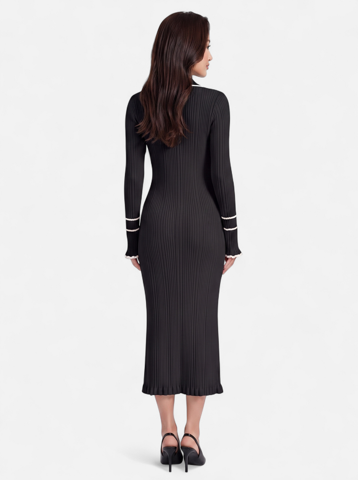 Womens Contrast Trim Lapel Knit Midi Dress - Black - Back