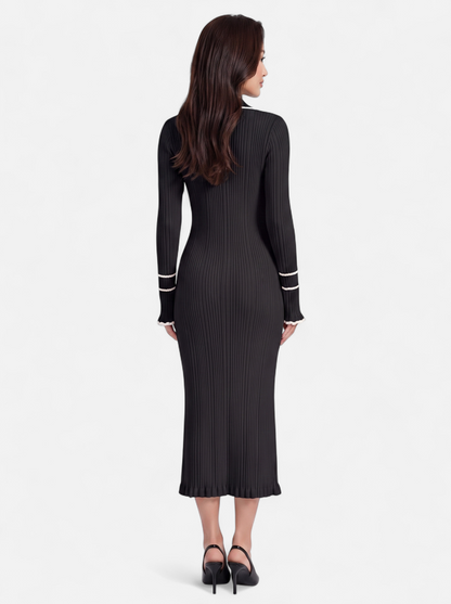 Womens Contrast Trim Lapel Knit Midi Dress - Black - Back