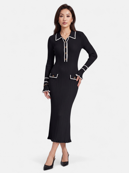 Womens Contrast Trim Lapel Knit Midi Dress - Black - Full Body