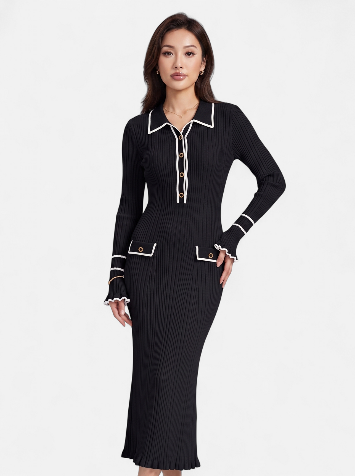 Womens Contrast Trim Lapel Knit Midi Dress - Black - Hero