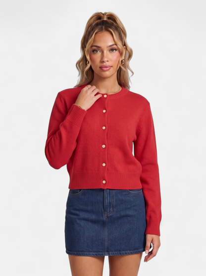 Women's Cropped Button-Down Cardigan Sweater in Red - Hero