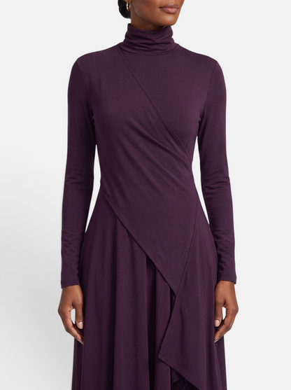 Women's Draped Turtleneck Asymmetric Hem Maxi Dress - Crossover Bodice Detail