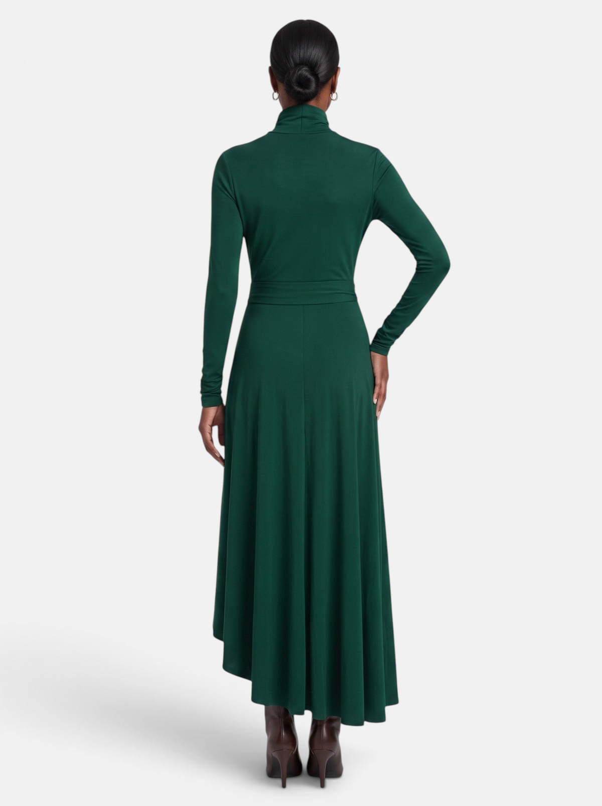 Women's Draped Turtleneck Asymmetric Hem Maxi Dress in Green - Back View