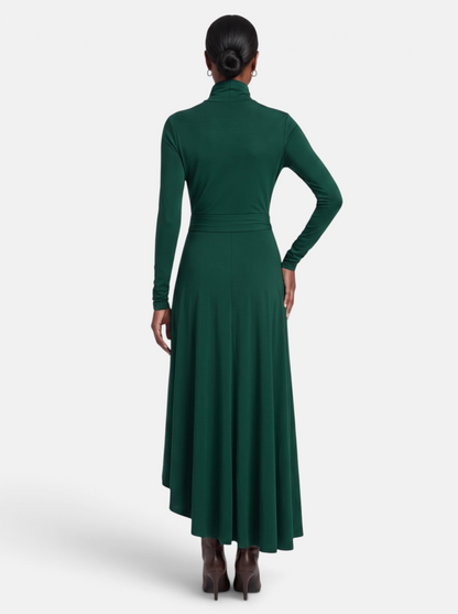 Women's Draped Turtleneck Asymmetric Hem Maxi Dress in Green - Back View
