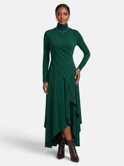 Women's Draped Turtleneck Asymmetric Hem Maxi Dress in Green - Full Length View