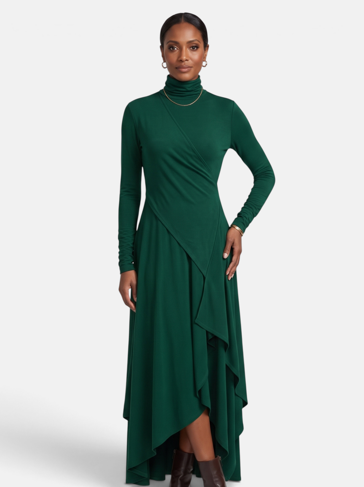 Women's Draped Turtleneck Asymmetric Hem Maxi Dress in Green - Front View