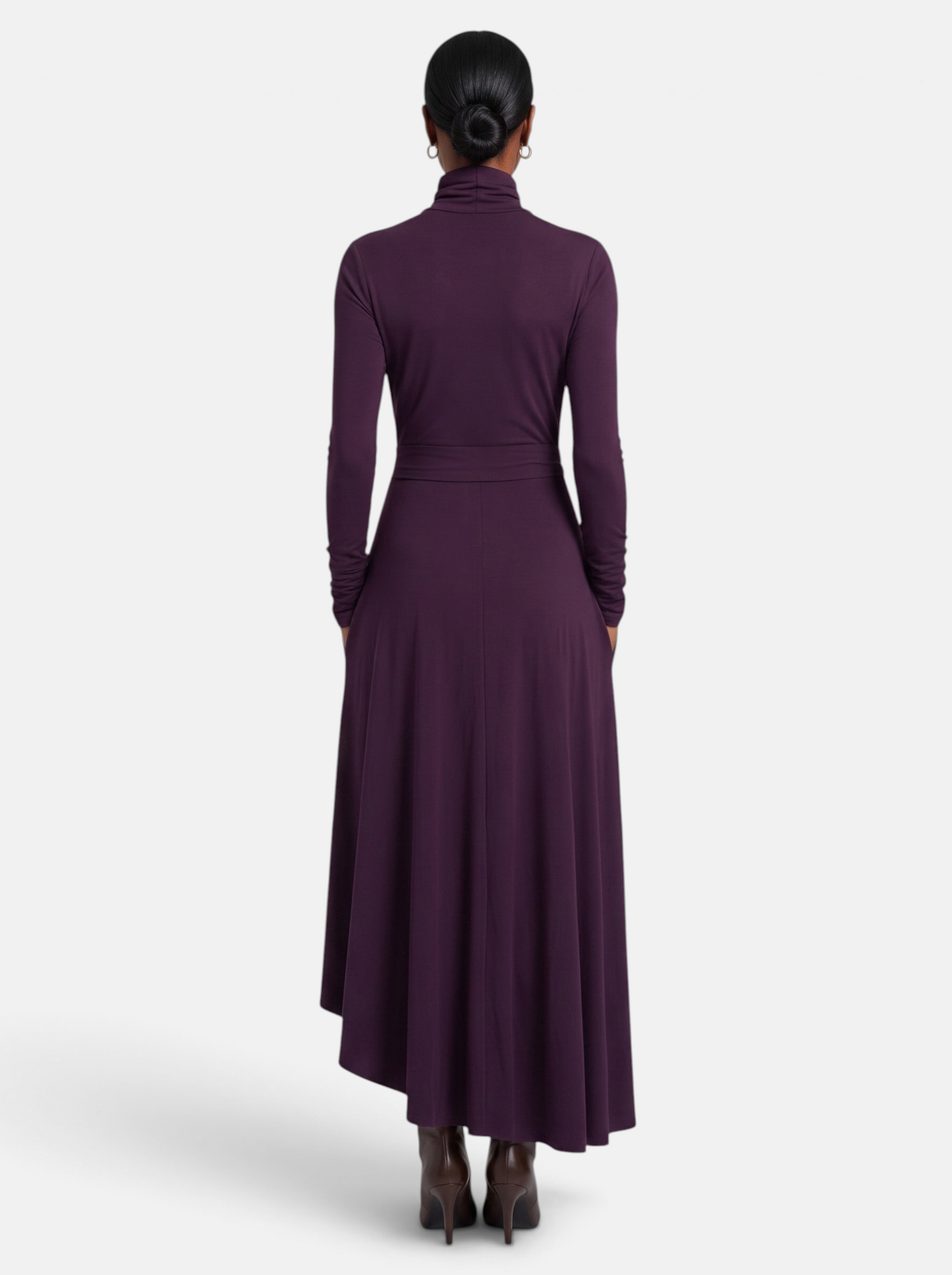 Women's Draped Turtleneck Asymmetric Hem Maxi Dress in Purple - Back View