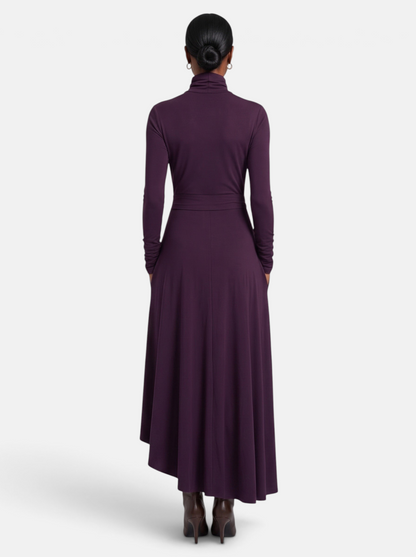 Women's Draped Turtleneck Asymmetric Hem Maxi Dress in Purple - Back View
