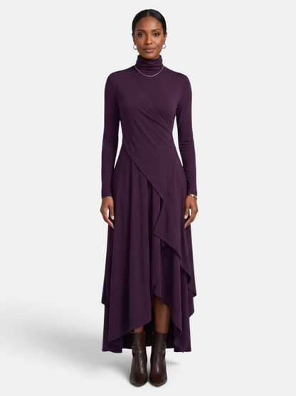 Women's Draped Turtleneck Asymmetric Hem Maxi Dress in Purple - Full Length View