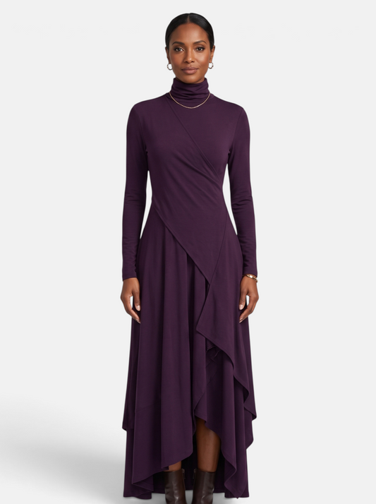 Women's Draped Turtleneck Asymmetric Hem Maxi Dress in Purple - Front View