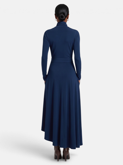 Women's Draped Turtleneck Asymmetric Hem Maxi Dress in Royal Blue - Back View