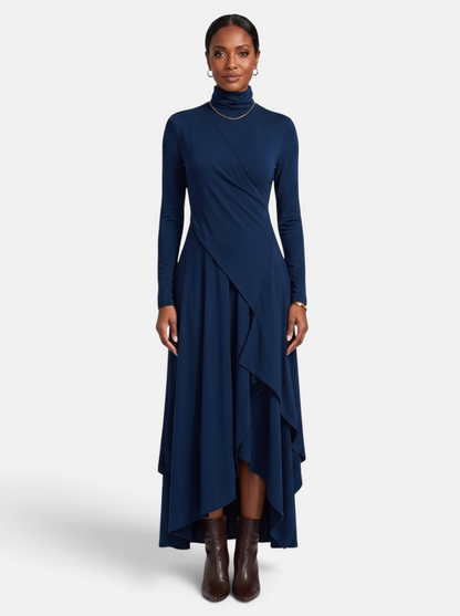 Women's Draped Turtleneck Asymmetric Hem Maxi Dress in Royal Blue - Full Length View