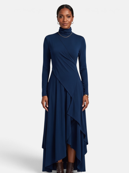 Women's Draped Turtleneck Asymmetric Hem Maxi Dress in Royal Blue - Front View