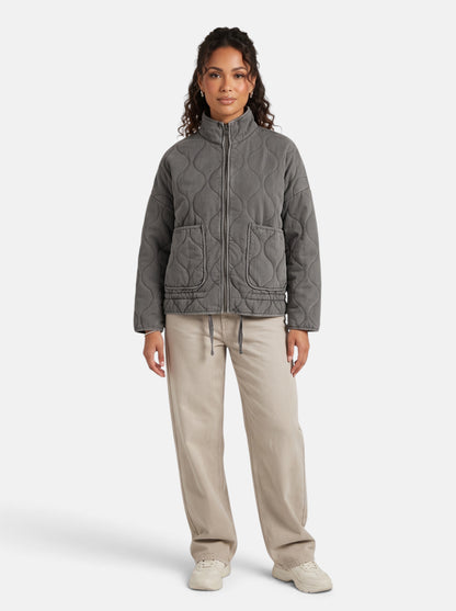 Women's Diamond-Quilted Padded Coat in Dark Grey - Full Length View