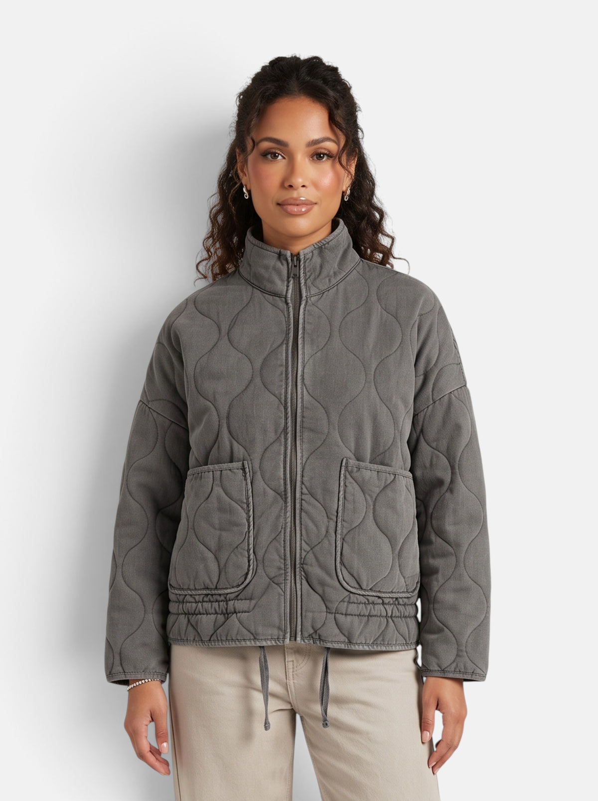 Women's Diamond-Quilted Padded Coat in Dark Grey - Front View