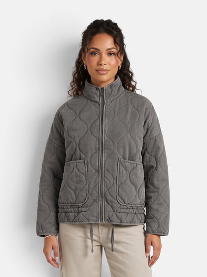 Women's Diamond-Quilted Padded Coat in Dark Grey - Front View
