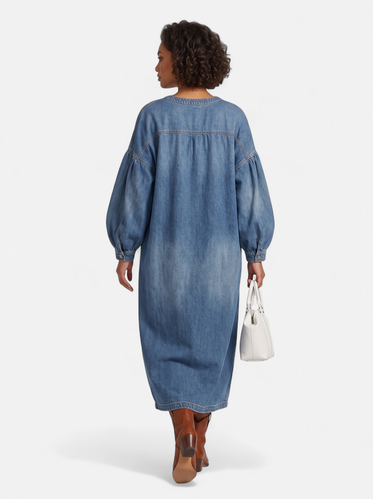 Womens Denim Button-Front Lantern Sleeve Maxi Dress - Blue - Back