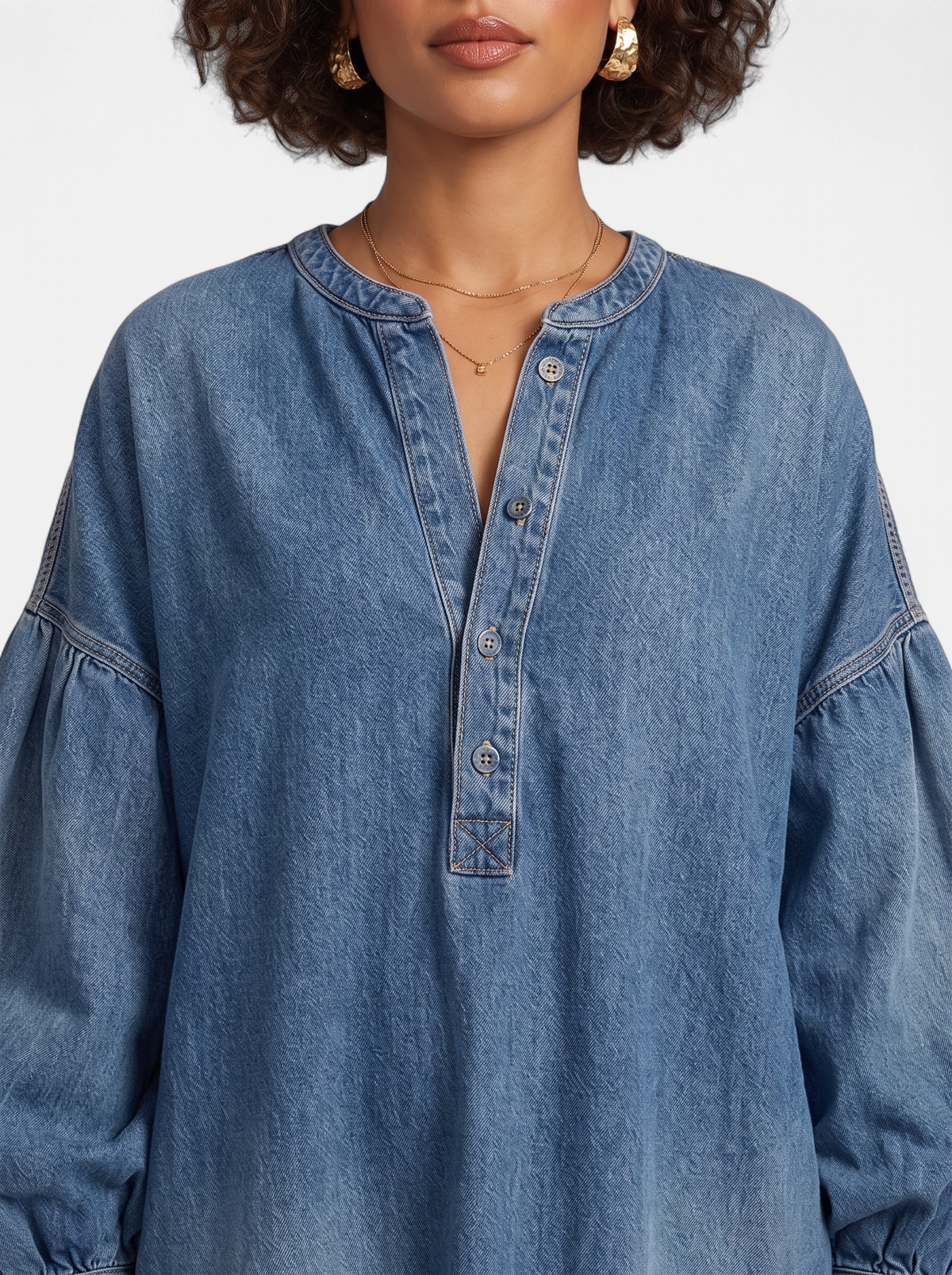 Womens Denim Button-Front Lantern Sleeve Maxi Dress - Blue - Detail