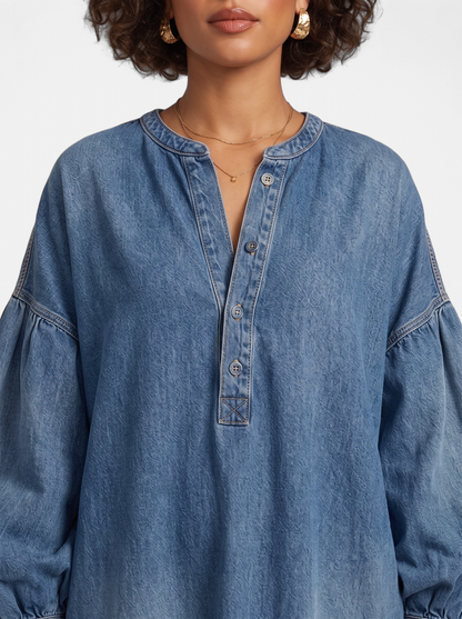 Womens Denim Button-Front Lantern Sleeve Maxi Dress - Blue - Detail