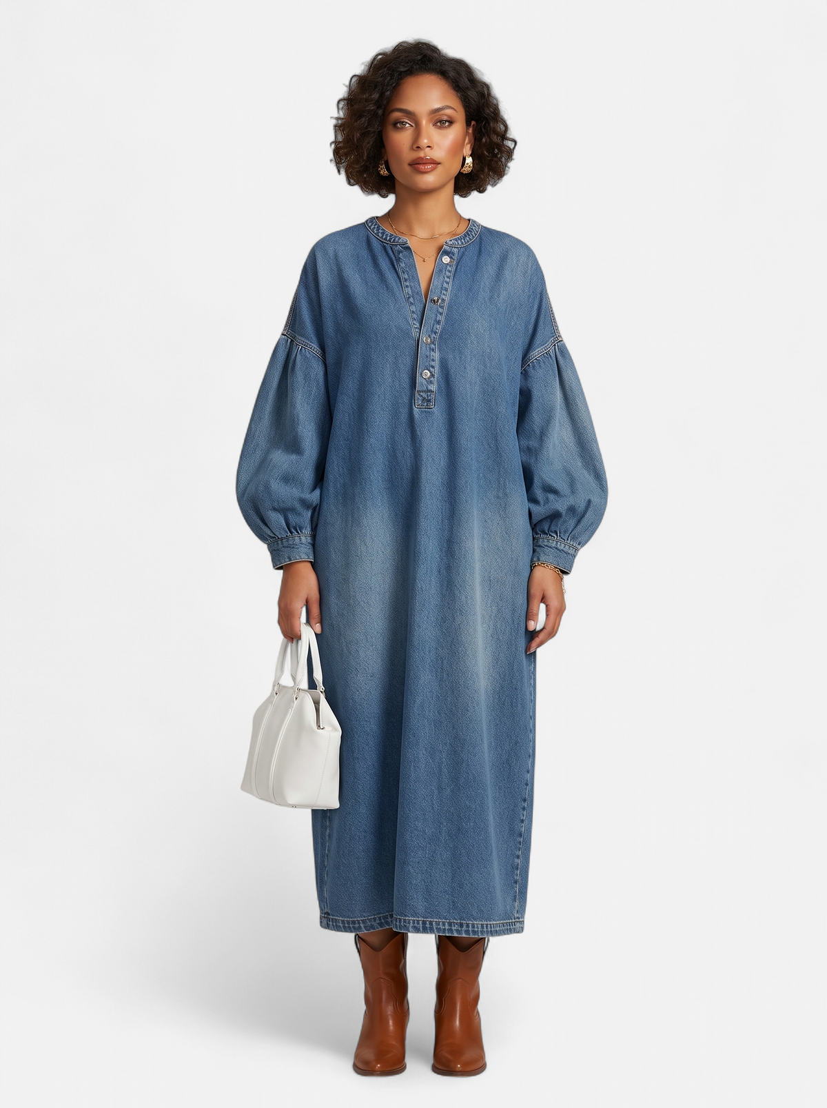 Womens Denim Button-Front Lantern Sleeve Maxi Dress - Blue - Full Body